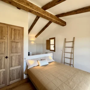 Grande chambre avec lit king size, placard et salle de bain.