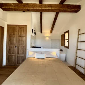 Grande chambre avec salle de bain intégrée, baignoire et vasque.