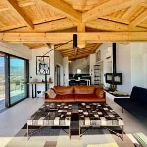 Grand salon avec charpente en bois.